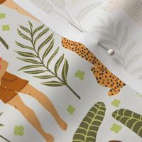 Women and Cheetahs in the Jungle in the Morning | Large Version | Bohemian Style Pattern with Green Leaves