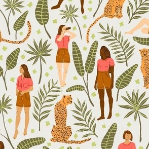 Women and Cheetahs in the Jungle in the Morning | Large Version | Bohemian Style Pattern with Green Leaves