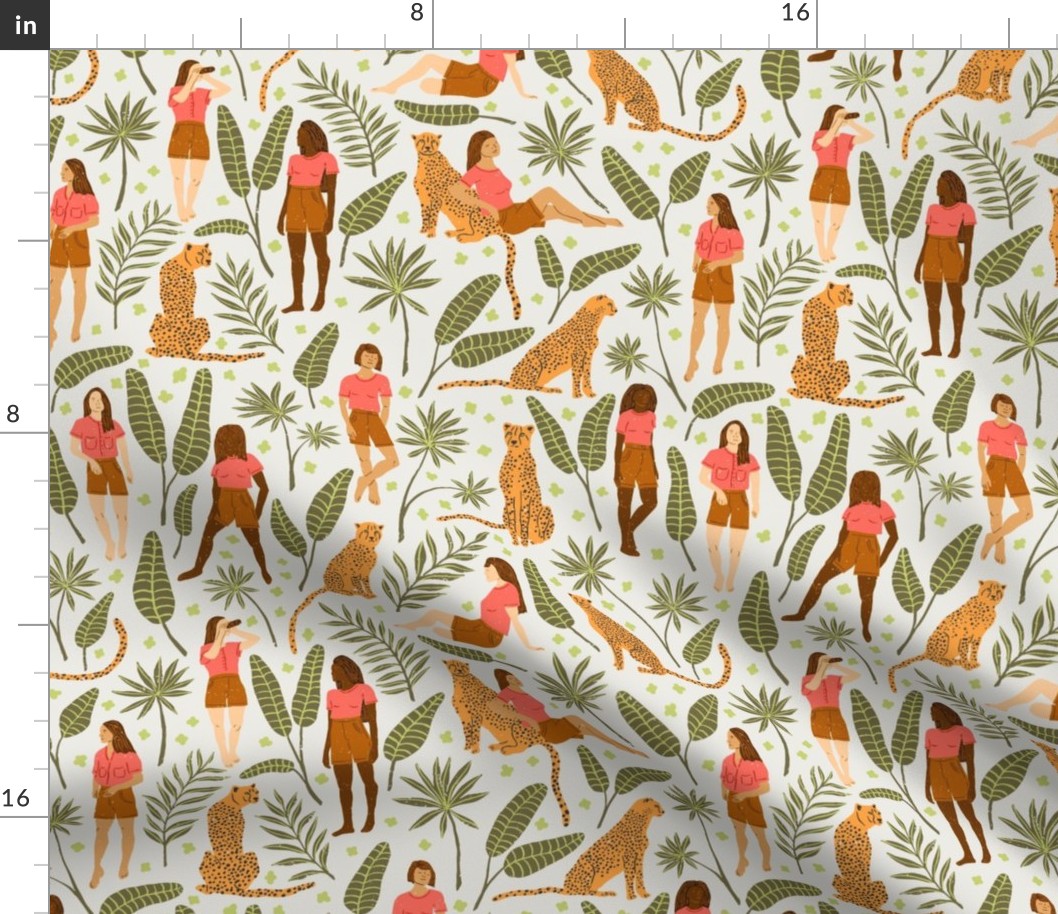 Women and Cheetahs in the Jungle in the Morning | Large Version | Bohemian Style Pattern with Green Leaves