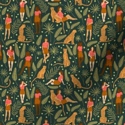 Women and Cheetahs in the Jungle on Deep Green | Small Version | Bohemian Style Pattern with Green Leaves