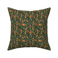 Women and Cheetahs in the Jungle on Deep Green | Small Version | Bohemian Style Pattern with Green Leaves