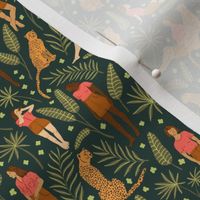 Women and Cheetahs in the Jungle on Deep Green | Small Version | Bohemian Style Pattern with Green Leaves