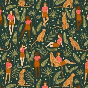 Women and Cheetahs in the Jungle on Deep Green | Medium Version | Bohemian Style Pattern with Green Leaves