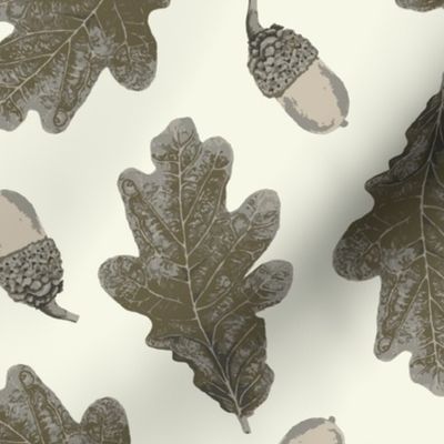   (S) Monochromatic Fall Leaves and Acorns on Ivory 