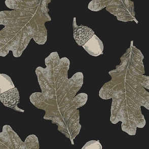   (L) Monochromatic Fall Leaves and Acorns on Charcoal 