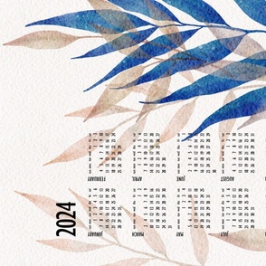 botanical calendar 2024 - beautiful watercolor blue leaf - tea towel and wall hanging