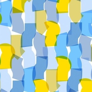 Overlapping disco confetti abstract shapes in blue, green and yellow party fabric 