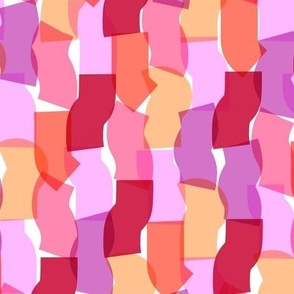 Large-scale overlapping disco confetti abstract shapes in pink, raspberry, and orange party fabric 
