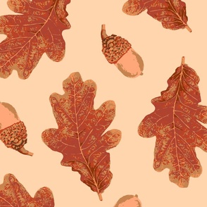   (L) Terracotta Fall Leaves and Acorns on Cream