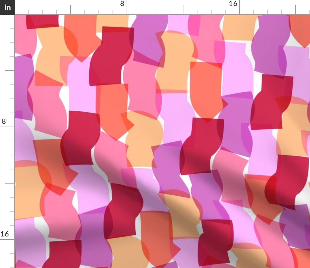 Overlapping disco confetti abstract shapes in pink, raspberry, and orange party fabric 