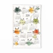 cat calendar 2024 - colorful cats calendar - ellie cat - vintage colors - tea towel and wall hanging