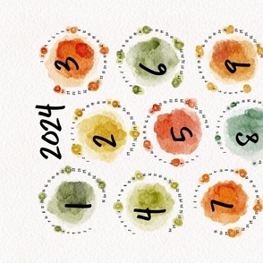 modern calendar 2024 - creative watercolor calendar - vintage colors - tea towel and wall hanging