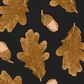   (L) Brown Fall Leaves and Acorns on Charcoal