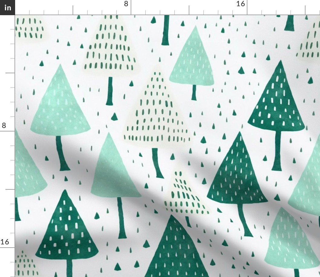 Whimsical Christmas Tree Watercolor Pattern Green White Large Scale