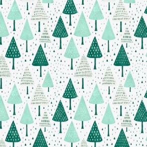 Whimsical Christmas Tree Watercolor Pattern Green White Medium Scale