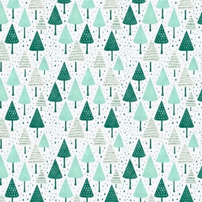 Whimsical Christmas Tree Watercolor Pattern Green White Smaller Scale