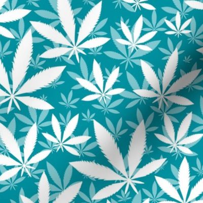 Bigger Scale Marijuana Cannabis Leaves White on Lagoon Blue