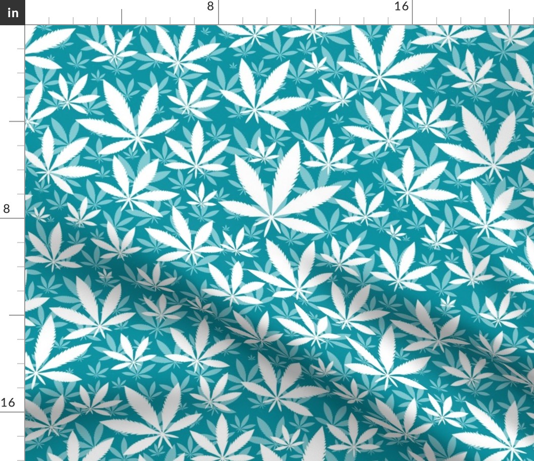 Bigger Scale Marijuana Cannabis Leaves White on Lagoon Blue