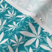 Smaller Scale Marijuana Cannabis Leaves White on Lagoon Blue