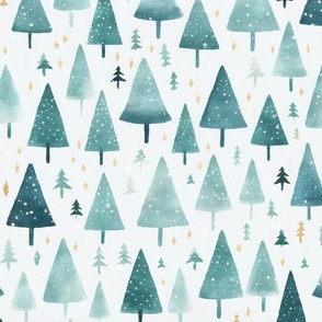 Whimsical Christmas Tree Watercolor Pattern Teal White Large Scale