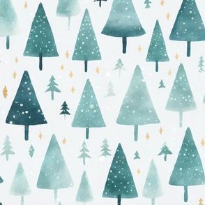 Whimsical Christmas Tree Watercolor Pattern Teal White Medium Scale