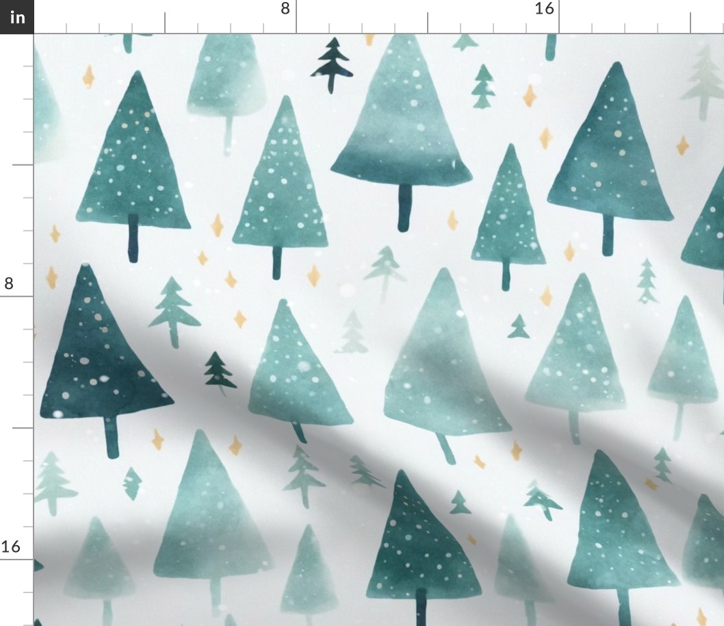 Whimsical Christmas Tree Watercolor Pattern Teal White Medium Scale