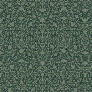 damask with flowers and ornaments sage green on dark green - small scale