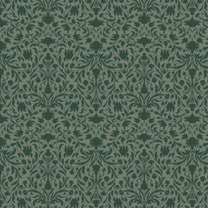 damask with flowers and ornaments dark green on sage - small scale