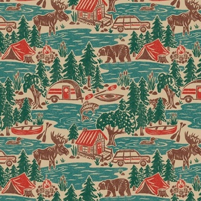 North Country Summer - 12" large - vintage teal, green, brown, and red