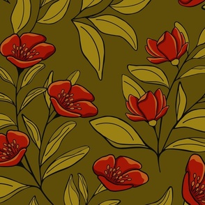 Large Scale Winter Garden in Ruby Red and Olive Green on Dark Olive Green Background