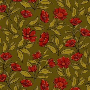 My Winter Garden in Ruby Red and Olive Green on Dark Olive Green Background