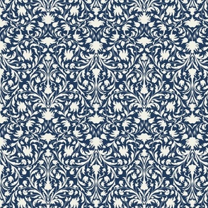 damask with off white flowers and ornaments  on a navy blue - small scale