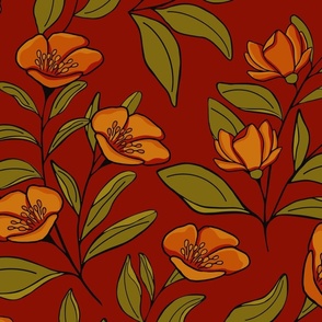 Large Scale Winter Garden in Ruby Red and Olive Green on Magenta Background