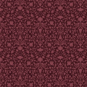 damask with flowers and ornaments Burgundy on Rosewood red - small scale