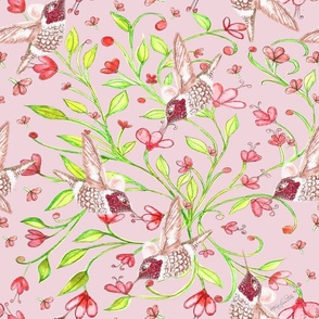 Pink Flowers, Green vines and Pink Humming Birds, "Lillybells" (medium) "Lillybells" on pink background by Mona Lisa Tello