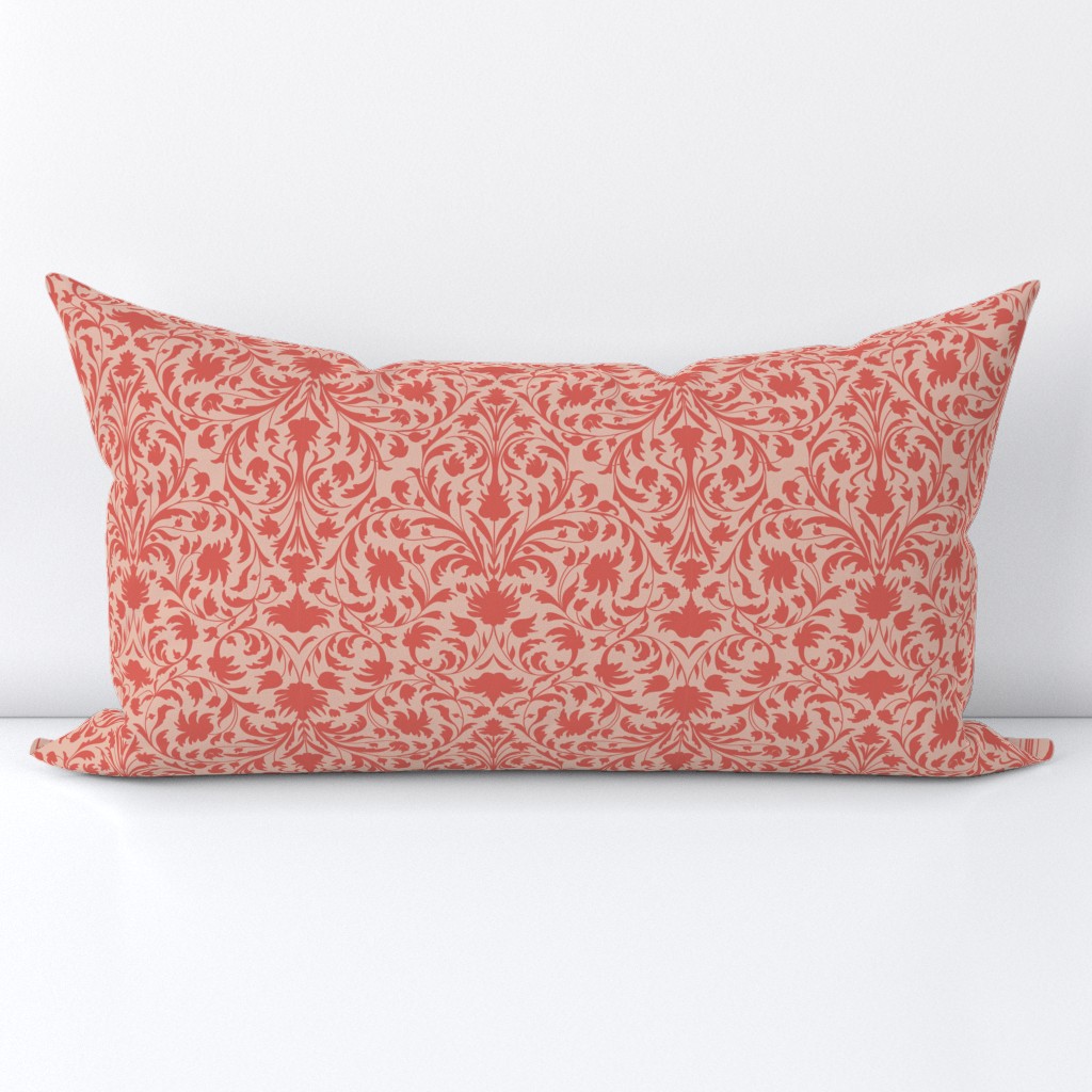 damask with flowers and ornaments  salmon / coral on blush pink - small scale