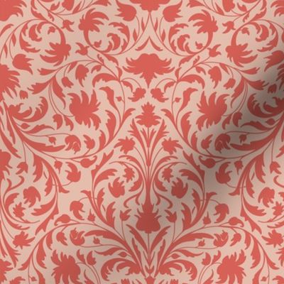 damask with flowers and ornaments  salmon / coral on blush pink - small scale