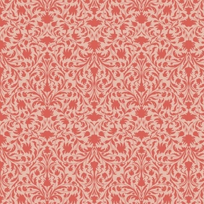 damask with flowers and ornaments  salmon / coral on blush pink - small scale