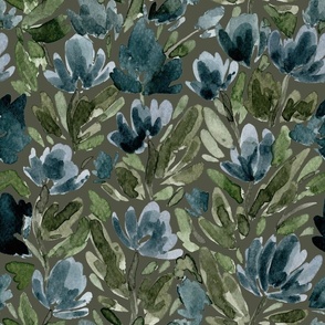 Jumbo - Midnight Blue Watercolour Tulip Vines - Olive Green