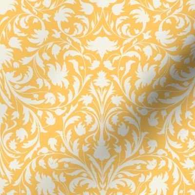 damask with flowers and ornaments. Off white / Beige on Yellow - small scale