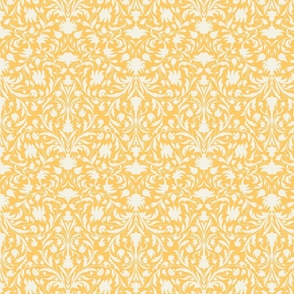 damask with flowers and ornaments. Off white / Beige on Yellow - small scale