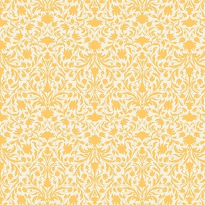 damask with flowers and ornaments. The colors Yellow on off white / Beige - small scale