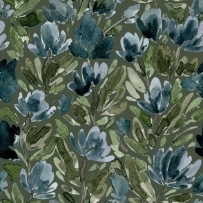 Jumbo - Midnight Blue Watercolour Tulip Vines - Dark Green