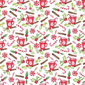 Watercolour illustration, hand drawn, Christmas cups of coffee, red berries. Seamless floral pattern-280.