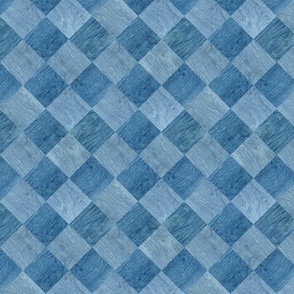 2 inch Diagonal Light and Dark Blue Stained Wood Checkerboard Chess Marquetry Pattern