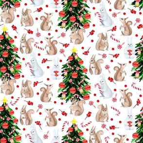 Watercolour illustration, Christmas tree, forest animals, lollipops, red berries. Seamless floral pattern-284.