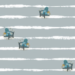 Blue Adirondack chairs on grey stripe