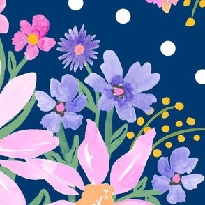 Pink Daisy Dreams Bouquet Navy with White Polka Dots _Jumbo Scale