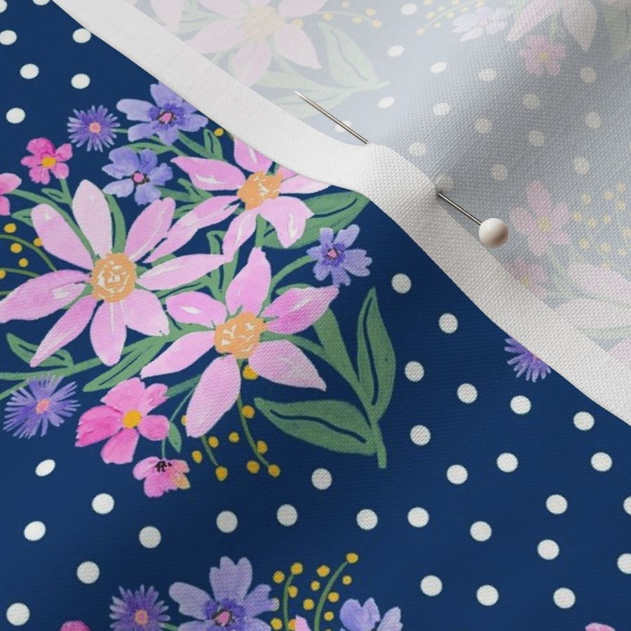 Pink Daisy Dreams Bouquet Navy with White Polka Dots _Small Scale