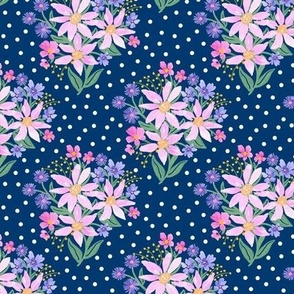 Pink Daisy Dreams Bouquet Navy with White Polka Dots _Small Scale